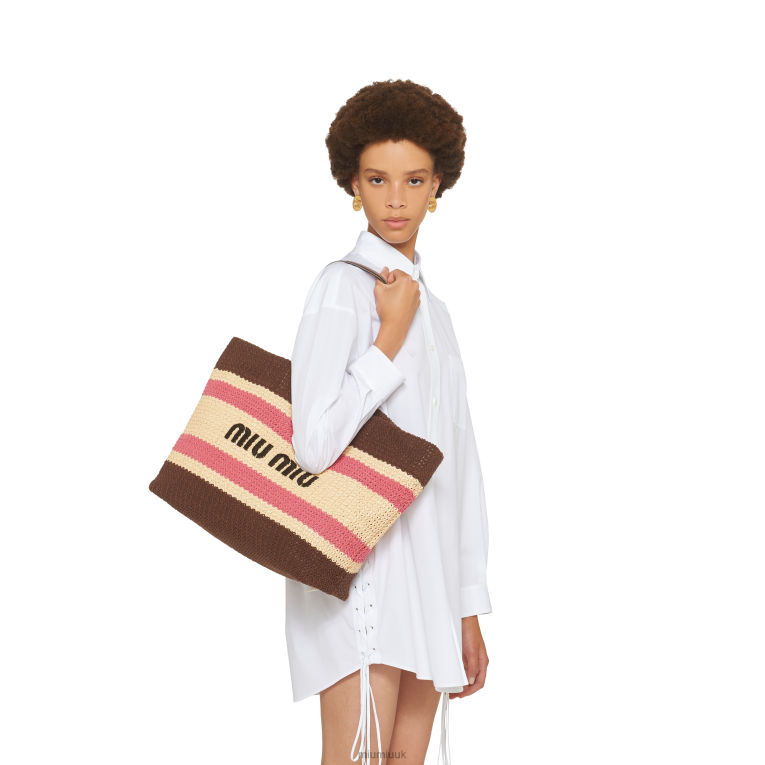 Collection Raffia And Cotton Tote Bag Miu Miu XH28Z132 Beige/Dark Brown