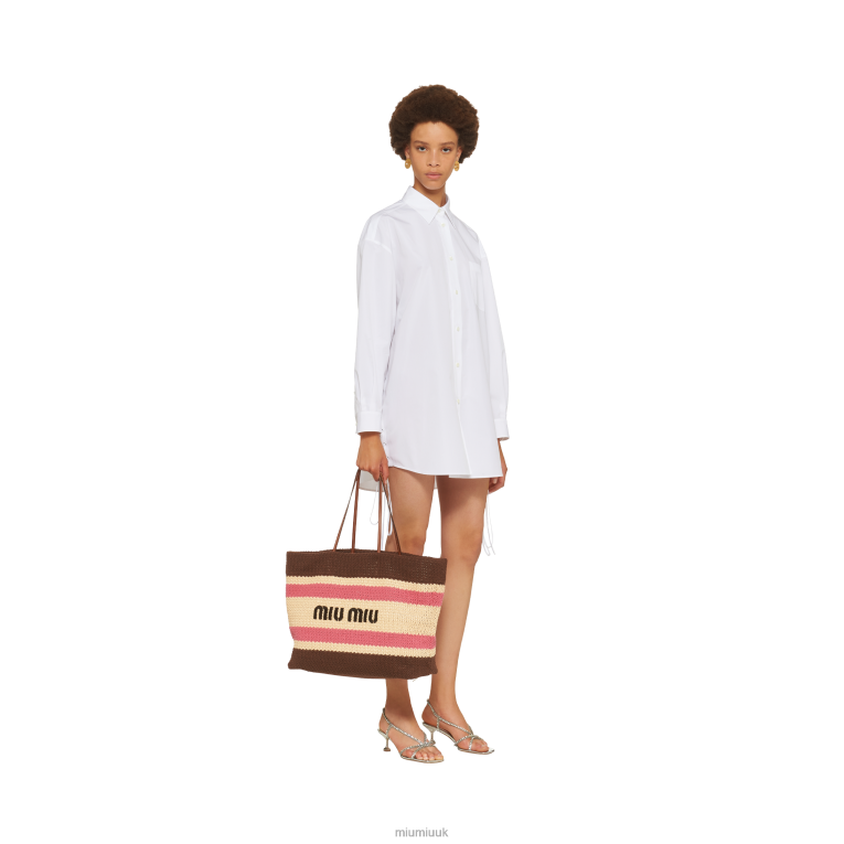 Collection Raffia And Cotton Tote Bag Miu Miu XH28Z132 Beige/Dark Brown