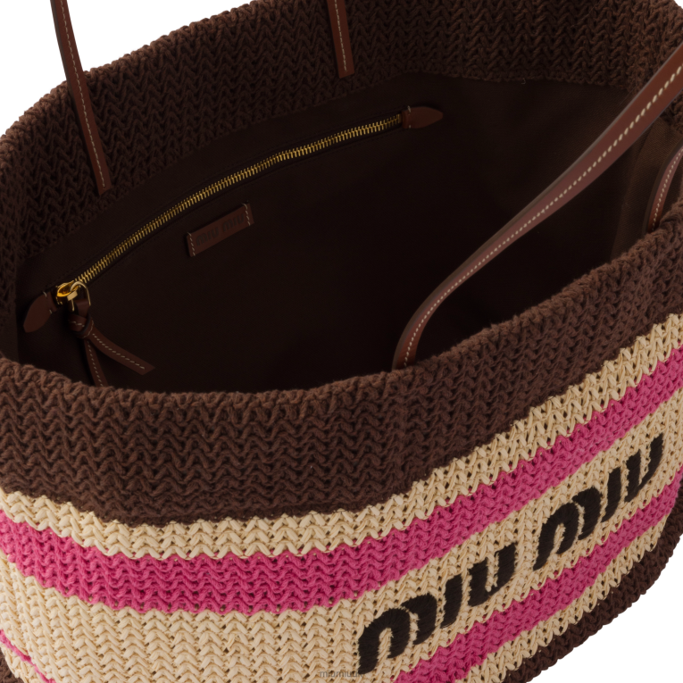 Collection Raffia And Cotton Tote Bag Miu Miu XH28Z132 Beige/Dark Brown