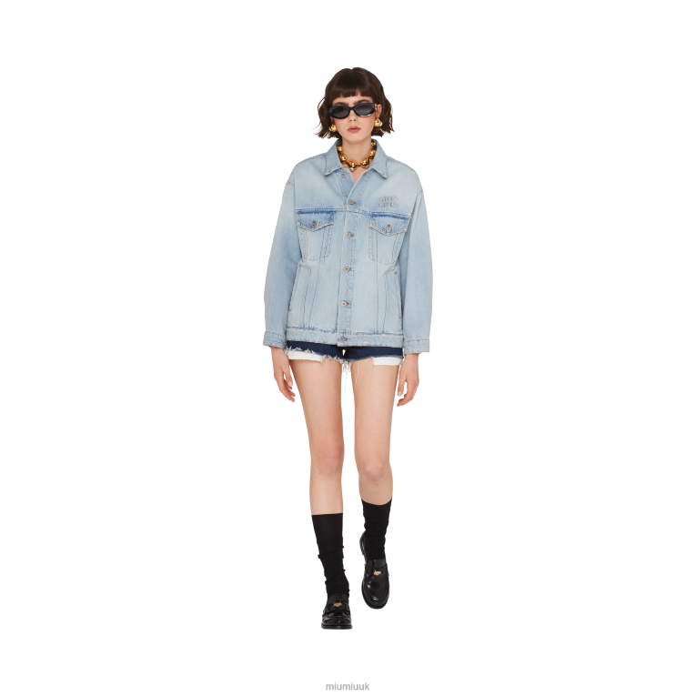Ready To Wear Embroidered Denim Blouson Jacket Miu Miu XH28Z524 Light Blue