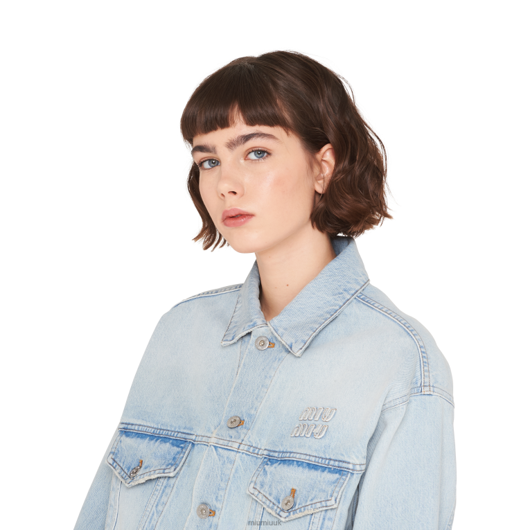 Ready To Wear Embroidered Denim Blouson Jacket Miu Miu XH28Z524 Light Blue