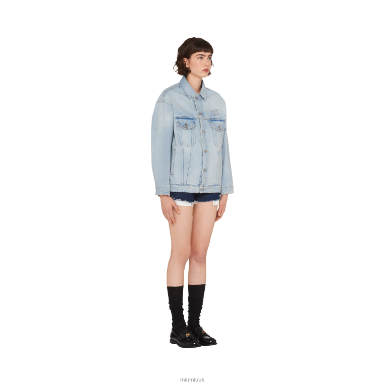 Ready To Wear Embroidered Denim Blouson Jacket Miu Miu XH28Z524 Light Blue