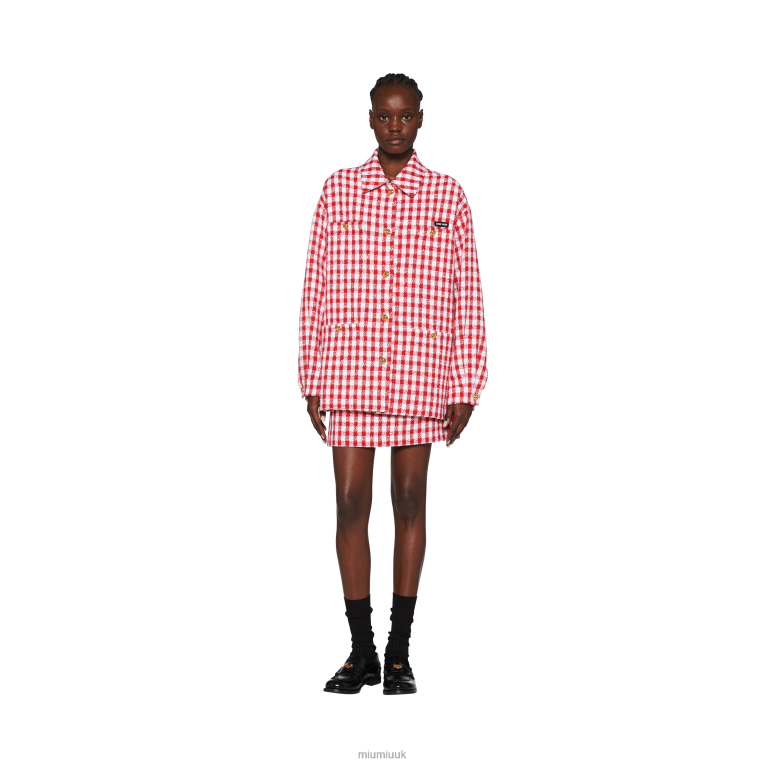 Ready To Wear Gingham Check Boucle Blouson Jacket Miu Miu XH28Z480 White/Red