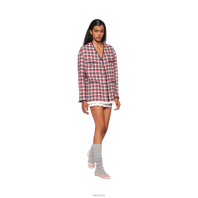 Ready To Wear Single-breasted Check Tweed Jacket Miu Miu XH28Z518 White/Red
