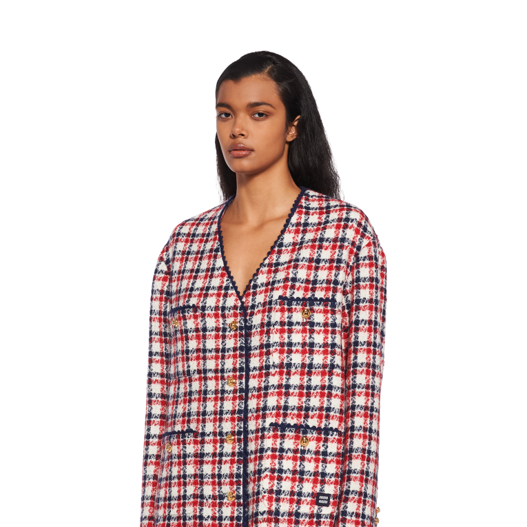 Ready To Wear Single-breasted Check Tweed Jacket Miu Miu XH28Z518 White/Red