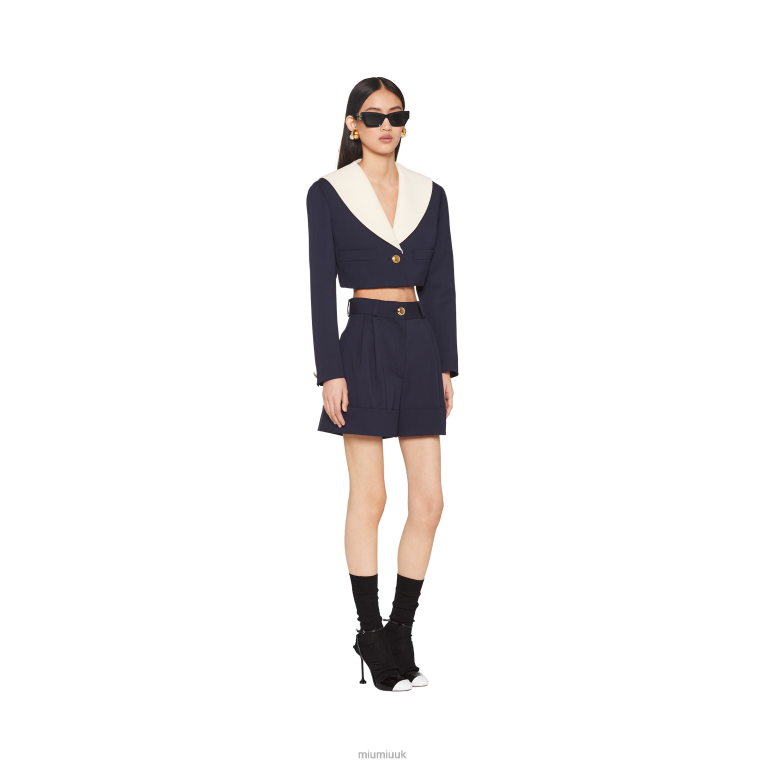 Ready To Wear Single-breasted Cropped Grain De Poudre Jacket Miu Miu XH28Z545 Navy