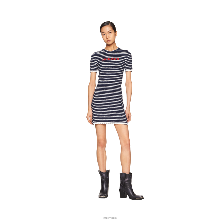Ready To Wear Boucle Cotton Crew-neck Mini-dress Miu Miu XH28Z387 Blue/White