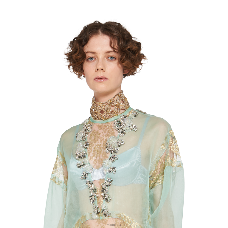 Ready To Wear Chantilly Lace Dress Miu Miu XH28Z423 Aqua/Gold