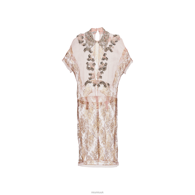 Ready To Wear Chantilly Lace Dress With Embroidered Collar Miu Miu XH28Z422 Opal/Gold