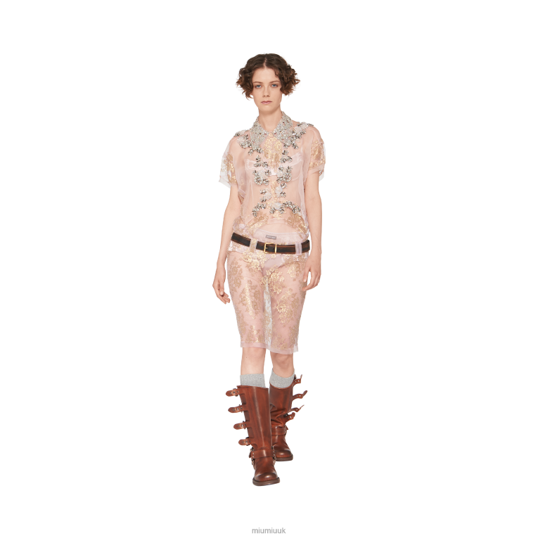 Ready To Wear Chantilly Lace Dress With Embroidered Collar Miu Miu XH28Z422 Opal/Gold