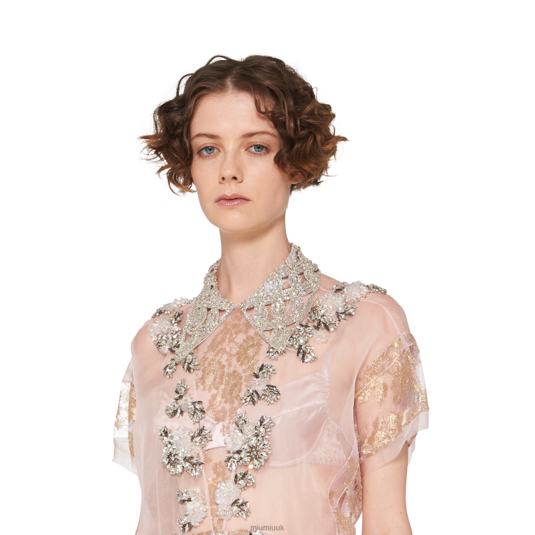 Ready To Wear Chantilly Lace Dress With Embroidered Collar Miu Miu XH28Z422 Opal/Gold