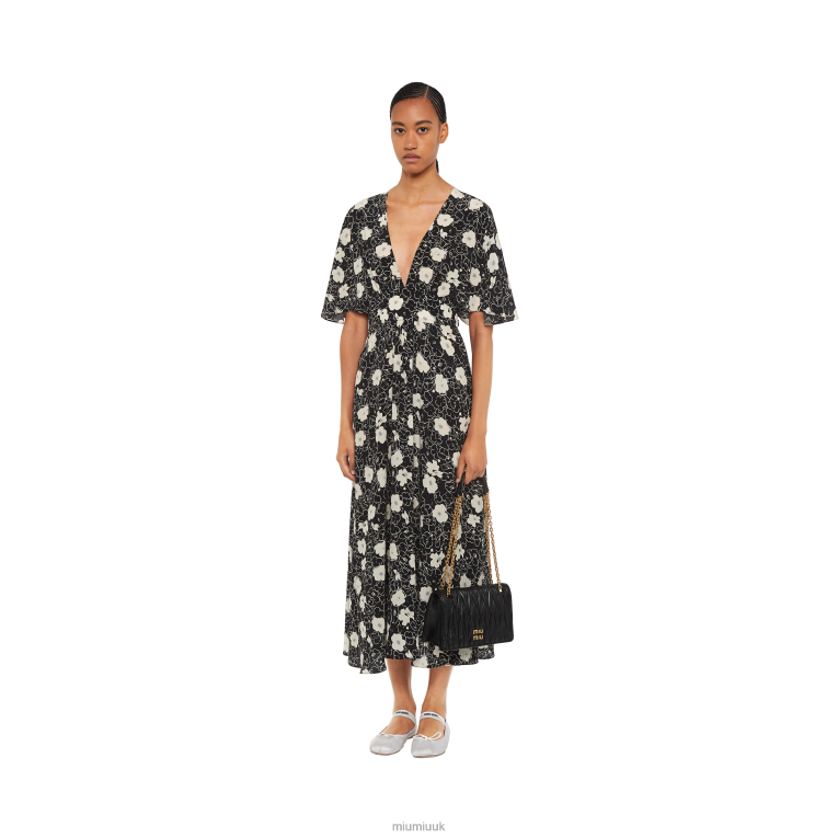 Ready To Wear Crepe De Chine Long Dress Miu Miu XH28Z384 Black/Ivory