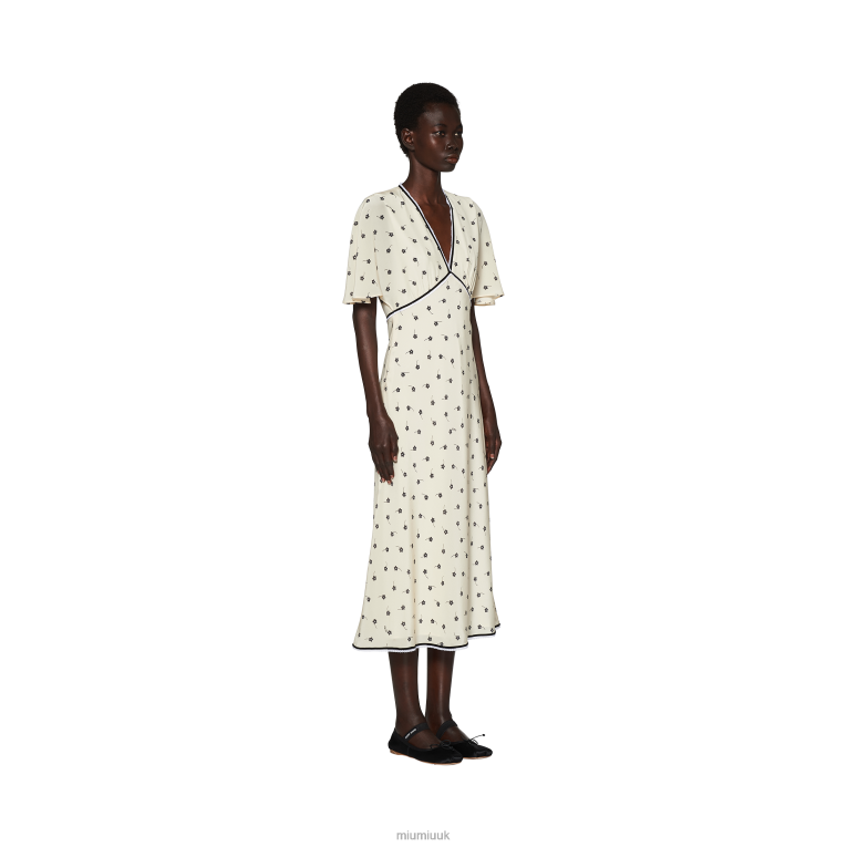 Ready To Wear Crepe De Chine Midi Dress Miu Miu XH28Z382 Ivory/Black