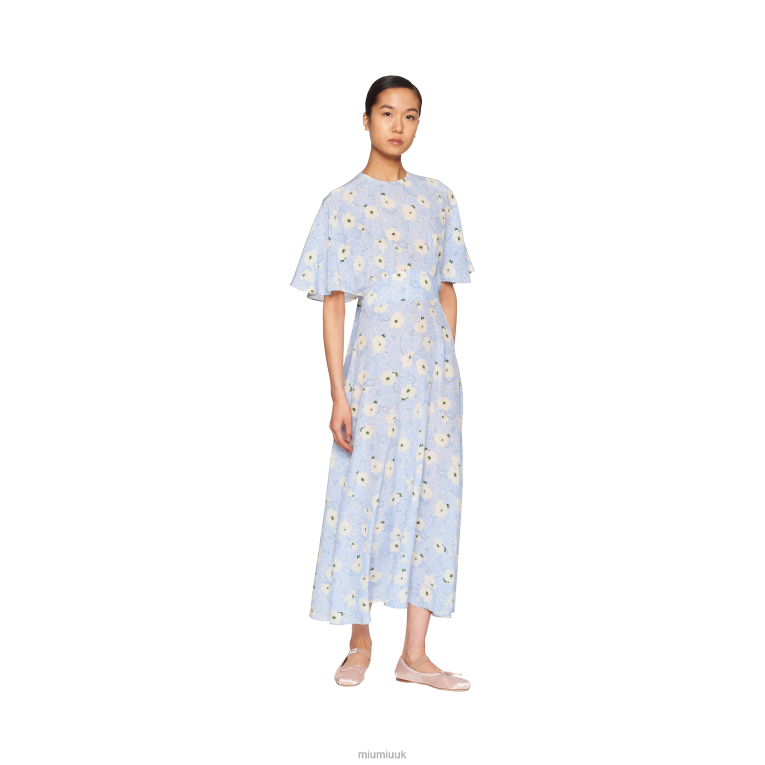 Ready To Wear Crepe De Chine Midi-dress Miu Miu XH28Z383 Light Blue/Ivory