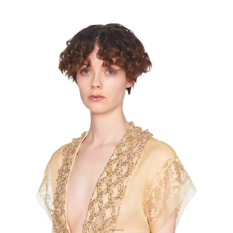 Ready To Wear Embroidered Chantilly Lace Dress Miu Miu XH28Z421 Gold