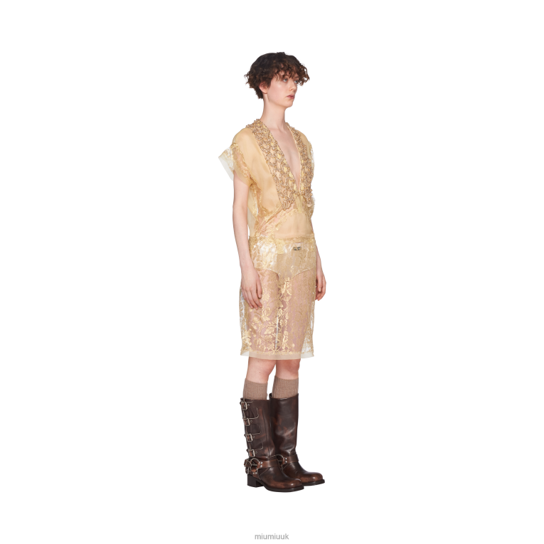 Ready To Wear Embroidered Chantilly Lace Dress Miu Miu XH28Z421 Gold