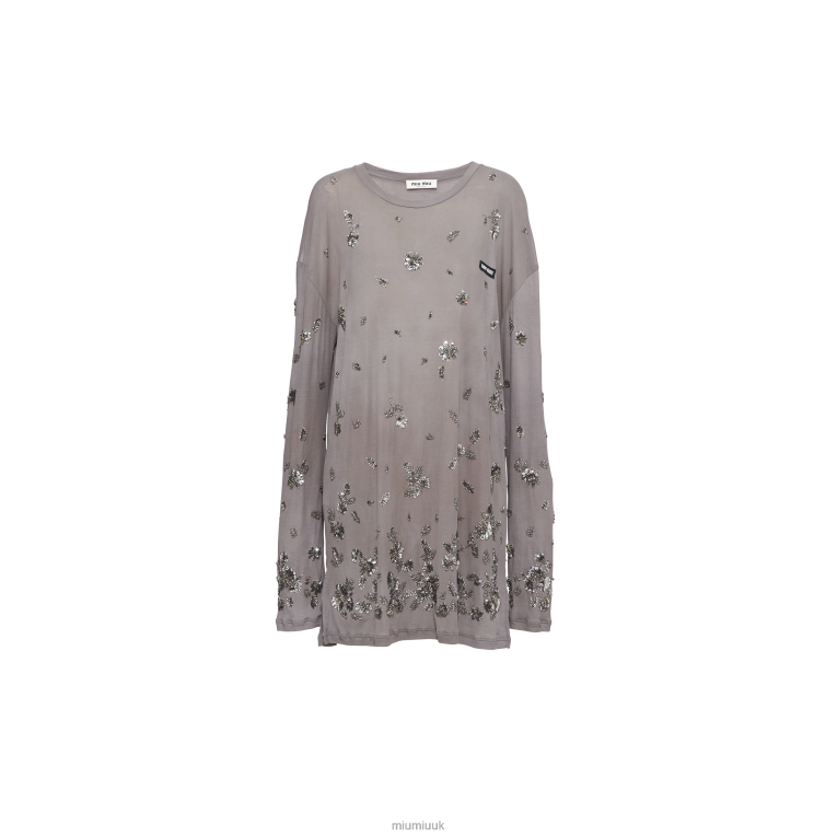 Ready To Wear Embroidered Garment-dyed Ribbed Knit Jersey Dress Miu Miu XH28Z360 Lead Gray