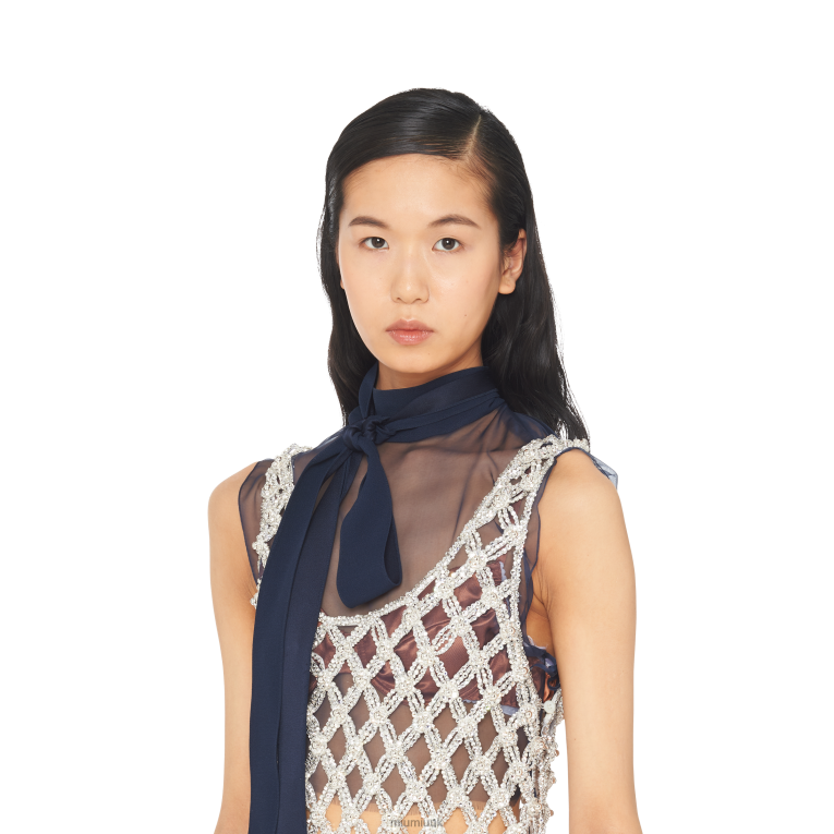 Ready To Wear Embroidered Rhinestone Mesh Dress Miu Miu XH28Z418 Crystal