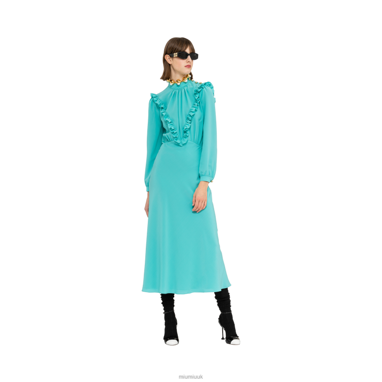Ready To Wear Long Crepe De Chine Dress Miu Miu XH28Z425 Turquoise