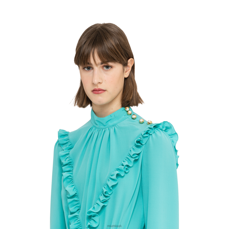 Ready To Wear Long Crepe De Chine Dress Miu Miu XH28Z425 Turquoise