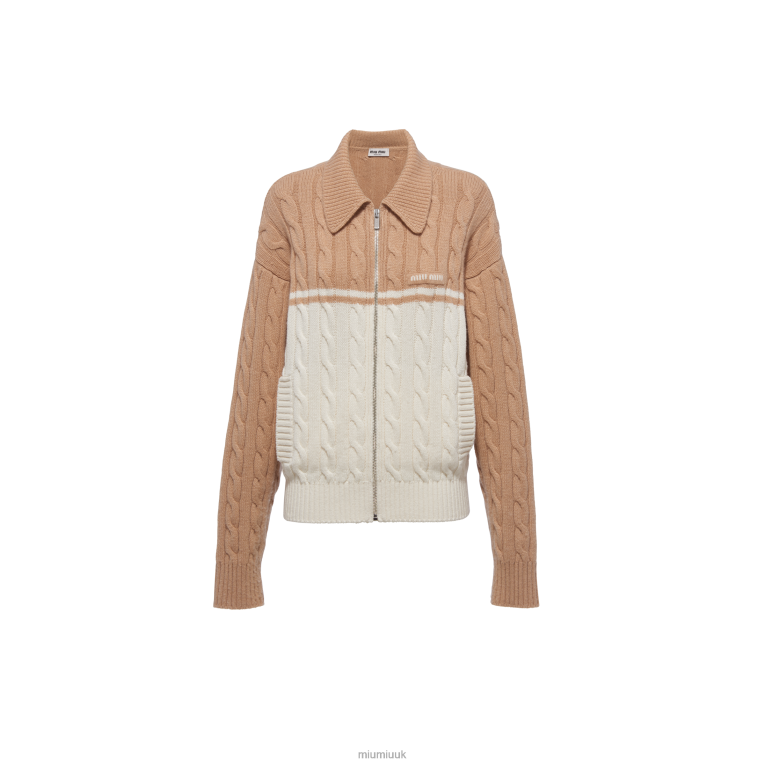 Ready To Wear Oversized Wool And Cashmere Cardigan Miu Miu XH28Z794 White/Camel Brown