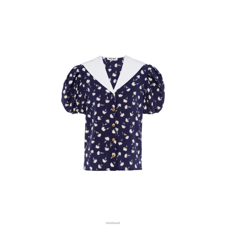 Ready To Wear Short-sleeved Crepe De Chine Blouse Miu Miu XH28Z652 Blue/Ivory