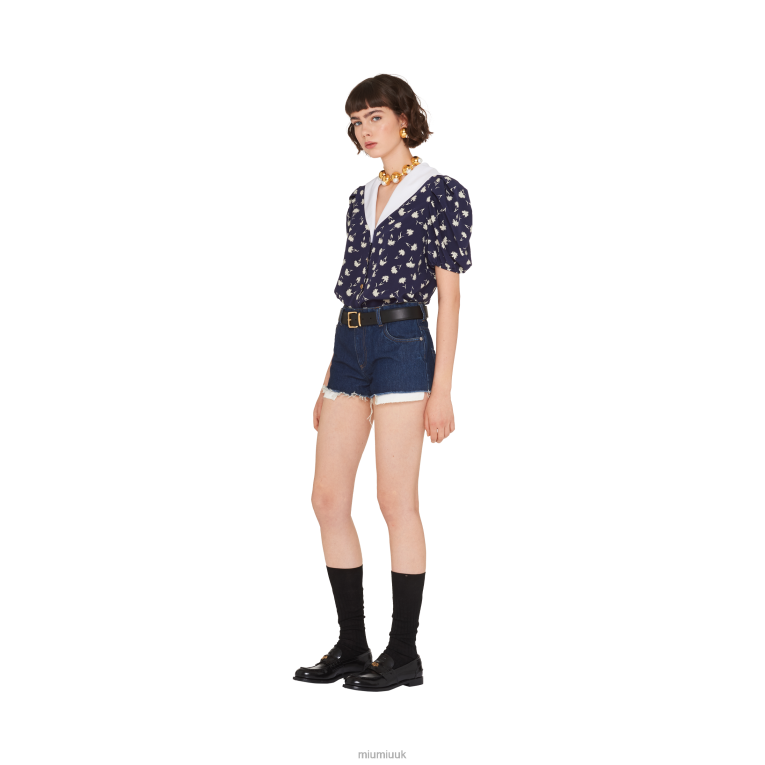 Ready To Wear Short-sleeved Crepe De Chine Blouse Miu Miu XH28Z652 Blue/Ivory