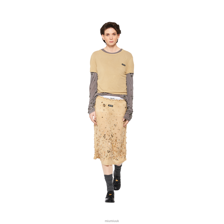 Ready To Wear Embroidered Garment-dyed Ribbed Knit Jersey Skirt Miu Miu XH28Z853 Cord