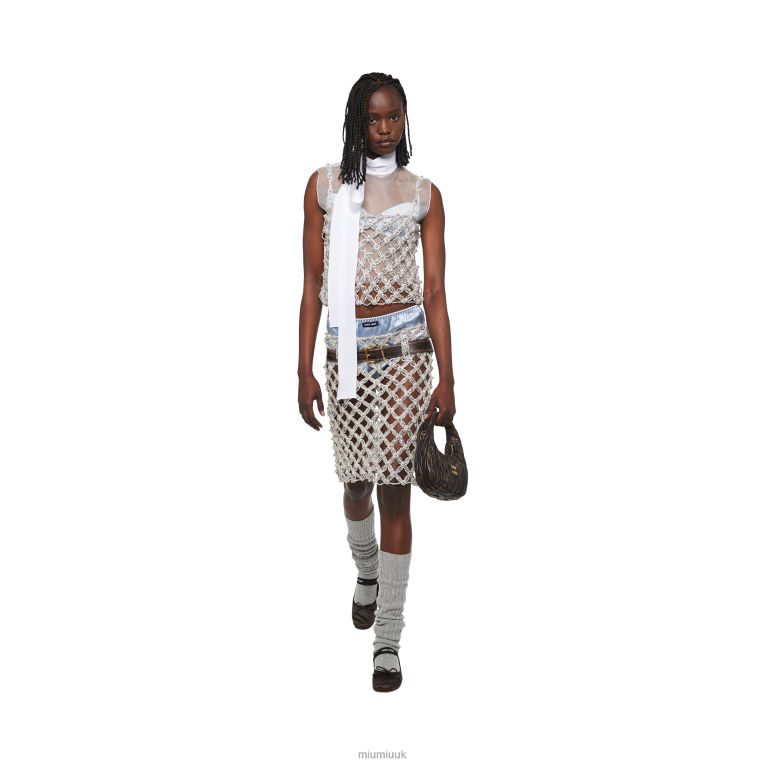 Ready To Wear Embroidered Rhinestone Mesh Skirt Miu Miu XH28Z891 Crystal