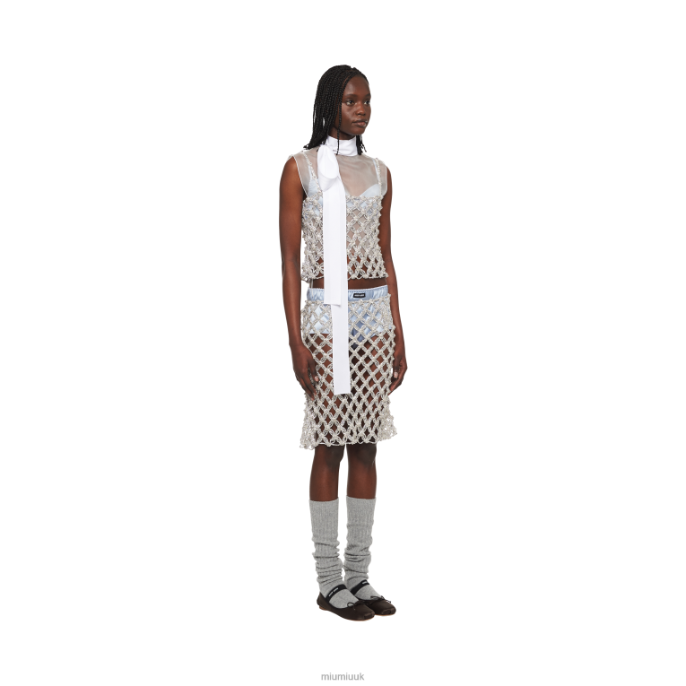 Ready To Wear Embroidered Rhinestone Mesh Skirt Miu Miu XH28Z891 Crystal