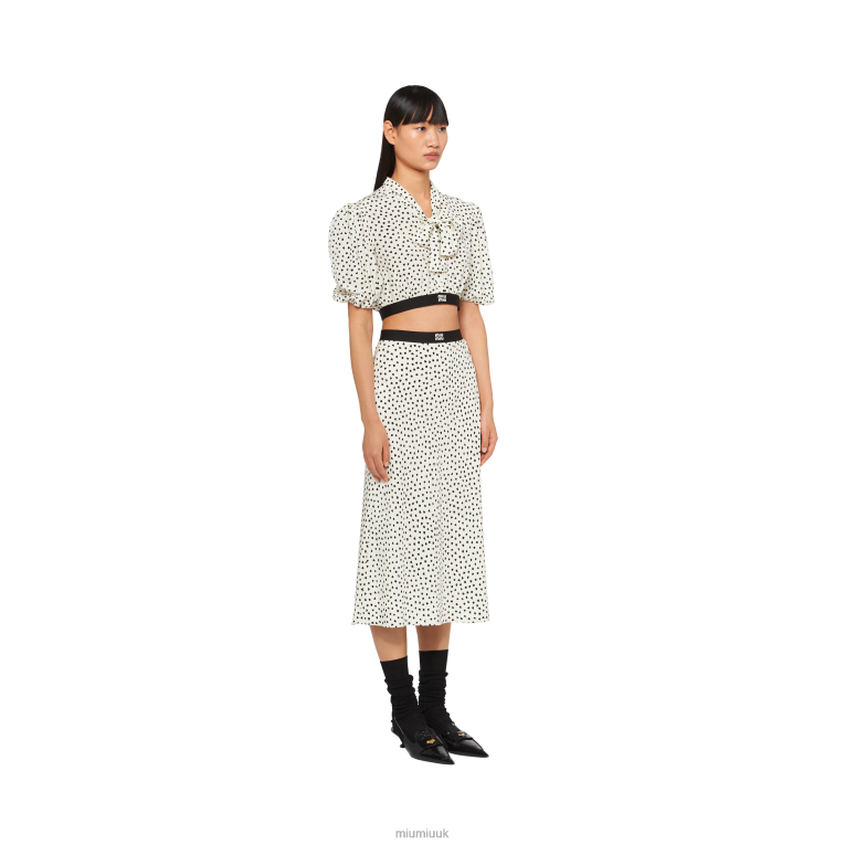 Ready To Wear Heart-print Crepe De Chine Midi Skirt Miu Miu XH28Z865 Ivory/Black