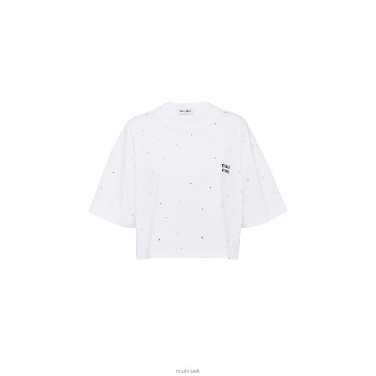 Ready To Wear Cropped Cotton T-shirt With Embroidered Logo Miu Miu XH28Z719 White