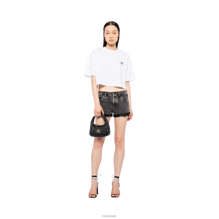 Ready To Wear Cropped Cotton T-shirt With Embroidered Logo Miu Miu XH28Z719 White