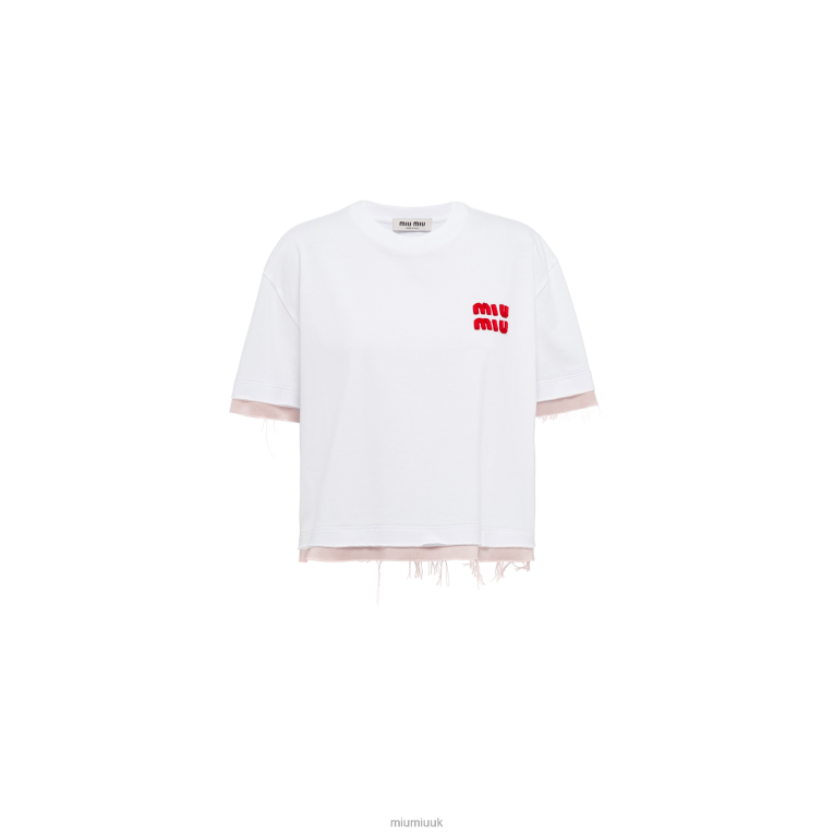 Ready To Wear Embroidered Cotton T-shirt With Raw-cut Hem Miu Miu XH28Z714 White/Opal