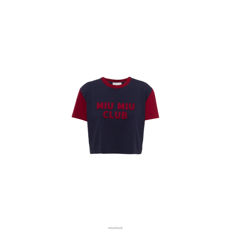 Ready To Wear Jersey T-shirt With Embroidered Logo Miu Miu XH28Z676 Blue/Burgundy