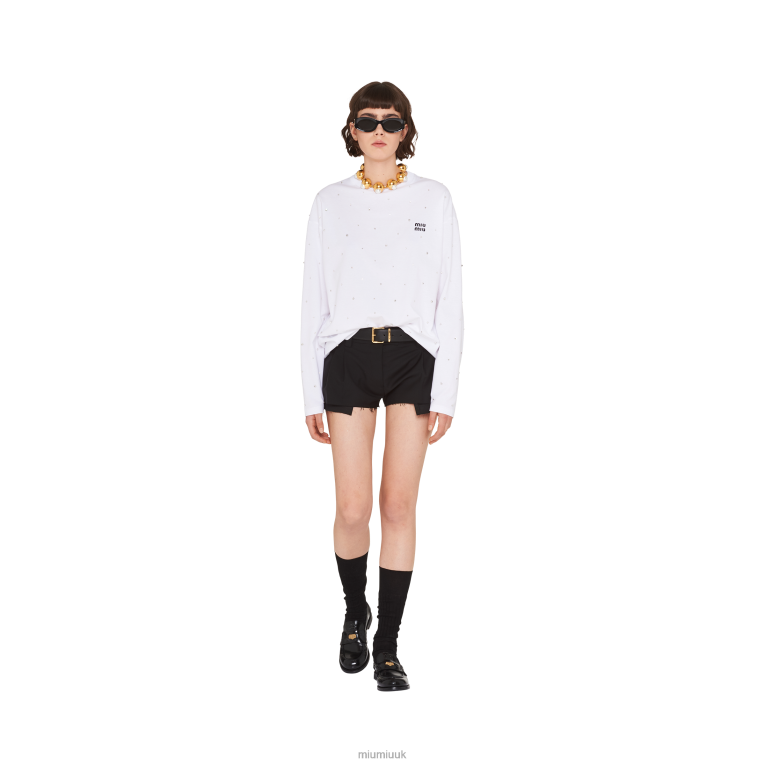 Ready To Wear Long-sleeved Embroidered Cotton T-shirt Miu Miu XH28Z721 White