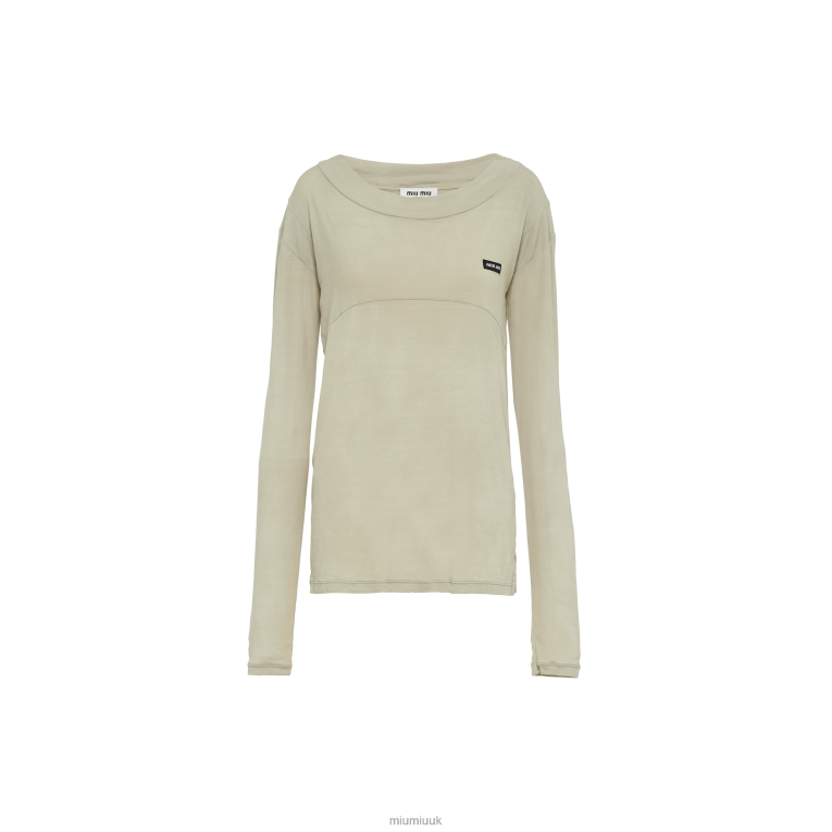 Ready To Wear Long-sleeved Garment-dyed Ribbed Knit Jersey T-shirt Miu Miu XH28Z672 Pumice Stone